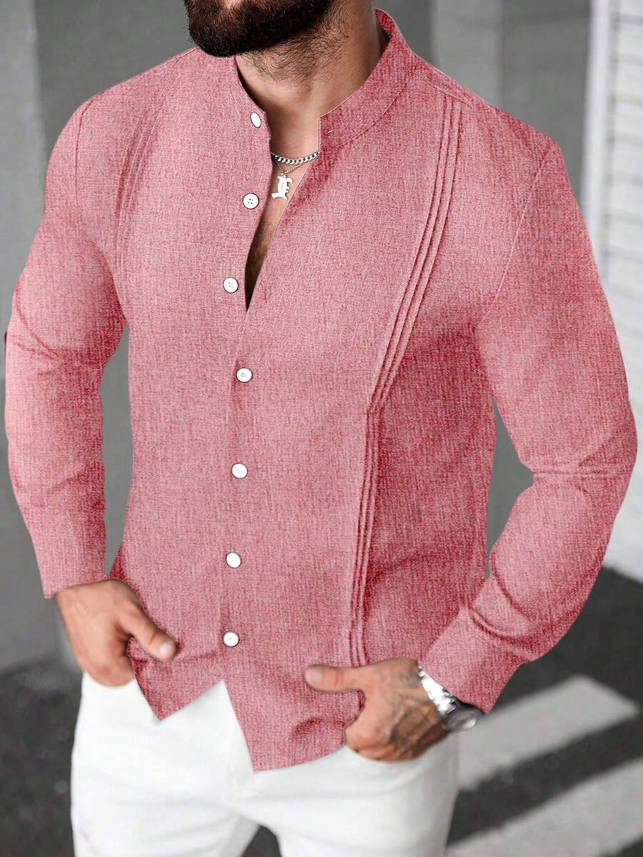 Manfinity CasualCool 男士纯色立领长袖纽扣休闲衬衫 - 中紫紅色 - 查看 1