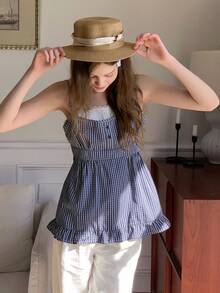 DAZY Teen Girls Plaid Lace Trim Sleeveless Casual Tank Top, Summer - Blue - View 2