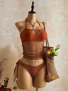 Mistrie Set Baju Renang Tankini Wanita Musim Panas untuk Liburan di Pantai, Warna Polos, Model Halter dengan Tali Jala, dan Modis. - Coklat - View 4