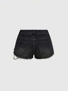 ROMWE Grunge Punk Y2K Low Waist Distressed Chain & Skull Print Women Denim Shorts - Black - View 2