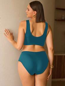 Swim Chiccia 2026 New Summer Beach Vacation Elegant Solid Color Metal Accessory Plus Size Swimwear Set - Teal Blue - View 2