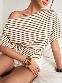 Freevana 波西米亚风罗纹露肩休闲T恤，针织修身短款宽松上衣，性感露肩短款百搭上衣 - 彩色 - 查看 5