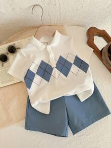 2件套男童针织几何图案休闲T恤和短裤套装 - 彩色 - 查看 7