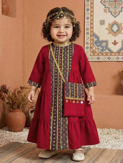 SHEIN Baby Girls' Casual Vintage Pleated Loose Dress With Stand Collar Toddler Boy Toddler Girl Big Sister