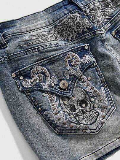 Grunge Punk Plus Size Women Y2K Vintage Wing Skull Embroidered Super Short Denim Skirt