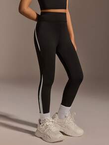 SHEIN Young Girls'Yoga Skinny Pants With White Sequence For Summer Gym,Black High Elasticity Freely Stretch Fashionable Versatile Running,Cycling,Hiking - Black - View 5