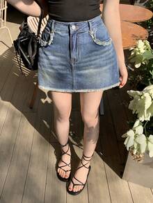 DAZY 女士高腰带口袋毛边休闲短牛仔裙裤 - 中等水洗藍 - 查看 5