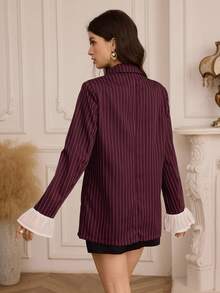 Modelyn Women's Casual & Commuting High-Sense Striped Patchwork Flare Sleeve Loose Blazer - Red Violet - View 2