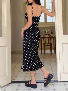 SHEIN EZwear Đầm ôm sát chấm bi đen dài đến đầu gối xẻ tà cho nữ, đầm xẻ tà, đầm chấm bi đen, đầm chấm bi, đầm midi, đầm chấm bi đen trắng, đầm midi, đầm chấm bi đen trắng. - màu đen - Xem 2