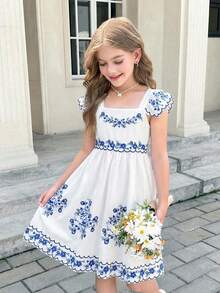 Leap Crew Tween Girls' Casual Round Neck Long Sleeve Dress - Blue and White - View 6