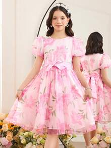 SHEIN Pitira Đầm thanh lịch cổ tròn tay phồng trang trí nơ cho bé gái tuổi teen - Nhiều màu - Xem 3
