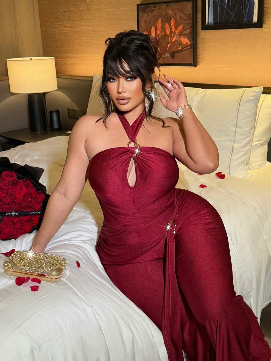 NU&NOW Plus Size Women's Sexy Shiny Knit Strapless Backless Butterfly Tie Hollow Front Criss-Cross Wrap Design Round Decor Bodycon Flare Pants, Suitable For Concerts, Nightclubs, Fashionable Outings, Night Dates, Holidays, Versatile Long JumpsuitValentine's Day - Burgundy - View 1