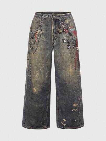 ROMWE Grunge Punk Plus Size Y2K Metallic Punk Vintage Chain Faux Print Women Casual Wide Leg Jeans