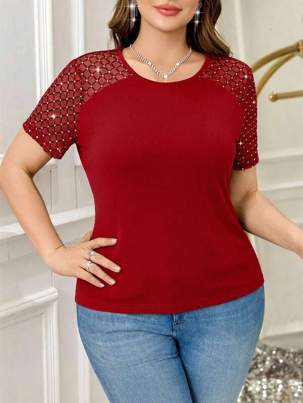 SHEIN Clasi Camiseta casual y elegante con mangas de malla de talla grande