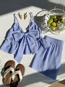 Comfortcana Plus Size Women Plaid Ruffle Hem Camisole And Shorts Casual 2 Pieces Set Two Piece Short Sets Gingham Set, Summer Outfits - Blue - View 7