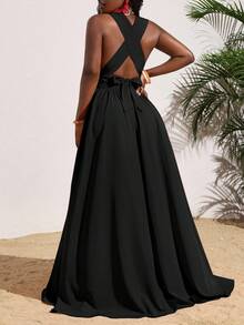 SHEIN Slayr Women's Sexy Solid Orange Deep V-Neck Backless Criss-Cross Tie Long Dress, Summer Vacation Wrap Around Dresses For Ladies Women Dress Deep V Neck Dress Maxi Dress Black Dress - Black - View 2