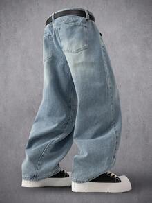 Manfinity Denimwave 男士街头时尚拼接设计水洗牛仔喇叭裤 - 淺色水洗藍 - 查看 2