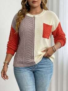 SHEIN LUNE Plus Size Colorblock Crew Neck Long Sleeve Pocket Casual Knit Sweater For Women,Beige,Autumn,Smart Casual,Festa Winter Knitwear Jumper Pullover - Multicolor - View 4