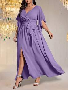 Auvina Vestido elegante de fiesta para mujer de talla grande con cuello en V ajustado, mangas acampanadas, cintura con lazo y abertura, en unicolor - Púrpura malva - Ver 4