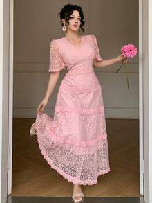 DAZY 法式蕾丝喇叭连衣裙，奢华高端优雅女士夏季长款连衣裙 - 泡泡糖粉 - 查看 3