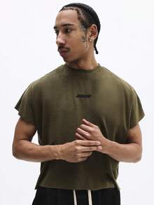 SUMWON Olive Crew Neck Short Sleeve T-Shirt With Small Text Print For Men Casual Everyday Wear - Green - View 1