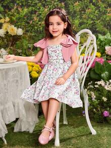 SHEIN Leap Crew Váy xòe xếp ly không tay họa tiết hoa nhỏ nhắn cho bé gái có nơ lớn, phong cách nghỉ dưỡng thường ngày, xuân/hè - Hồng - Xem 3