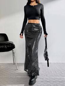 SHEIN EZwear 女式派对风格亮片网眼鱼尾下摆超长黑色裙子 - 黑色 - 查看 3