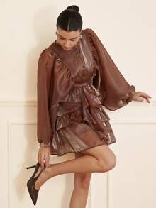 Revavyn Đầm ngắn tay phồng màu cà phê trơn dáng rộng cổ tròn, cài cúc nhiều lớp, xếp tầng, tay dài, kiểu dáng thướt tha, thích hợp cho mùa xuân/hè. - Cà phê - Xem 1