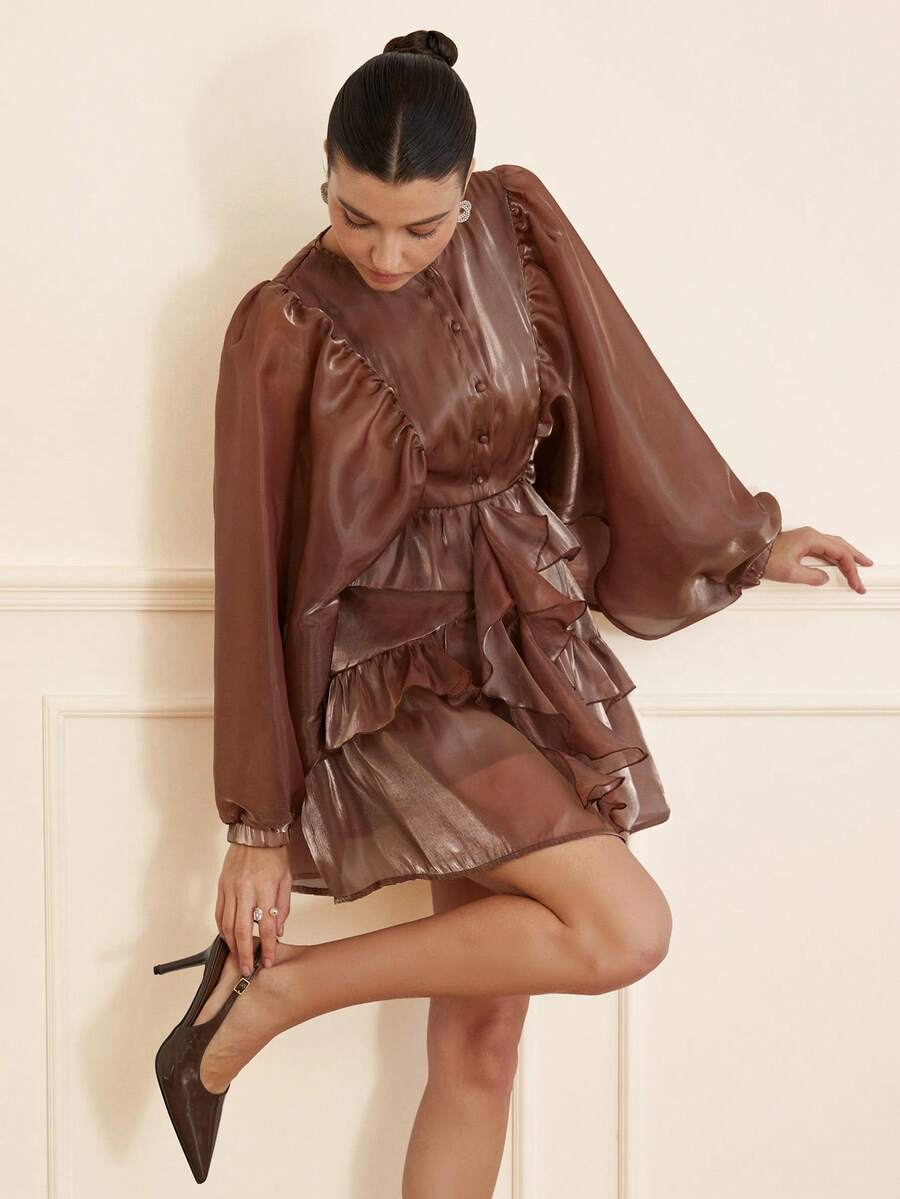 Revavyn Đầm ngắn tay phồng màu cà phê trơn dáng rộng cổ tròn, cài cúc nhiều lớp, xếp tầng, tay dài, kiểu dáng thướt tha, thích hợp cho mùa xuân/hè. - Cà phê - Xem 1