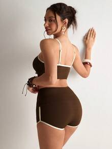 Freevana 女士橄榄绿冲浪风吊带泳衣，高腰收腹，撞色滚边，复古运动风沙滩装，女士比基尼，海滩度假新品 - 咖啡棕 - 查看 2