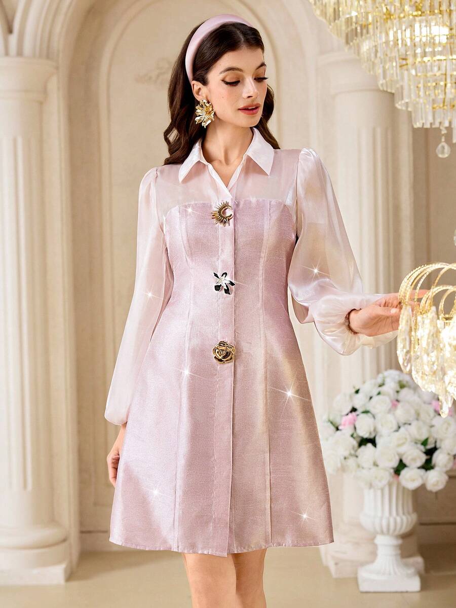 Modelyn Women's Elegant Party Cocktail Mini Dress With Lantern Sleeves And Metal Decor, Suitable For Spring, Summer, Autumn - Pink - View 1
