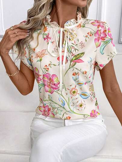 SHEIN Clasi Blusa de mujer con estampado floral romántico de manga corta, elegante para salidas, vacaciones, Pascua