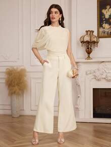 Modelyn Women's Elegant Pleated Drape Slim Fit Design Casual Commuter T-Shirt - Apricot - View 5