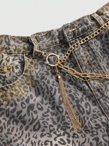 ROMWE Grunge Punk Spring And Summer Punk Y2K Leopard Print Metal Rhinestone Chain Decor Mini Denim Shorts, Subculture Leopard Punk Plus Size Denim Shorts - Black - View 4