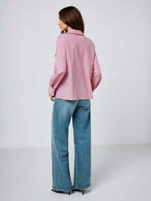 Maija 2025 Autumn/Winter Asymmetric Collar Contrast Trim Striped Women Pink Blouse - Hot Pink - View 7