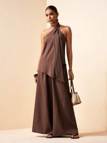 Zivah 女士纯色露背不对称下摆上衣搭配阔腿裤休闲套装 - 棕色 - 查看 6