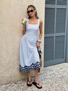 Serisse Women's Casual Striped Embroidered Sleeveless Midi Dress For Vacation,French Summer Casual Blue & White Striped Floral Embroidery Slip Dress, Patchwork Lace Hem Design, Fresh & Elegant Vacation/Daily Wear Bestseller,Blue Dresses For Women,Floral Dresses For Women,Casual Long Dress,Vacation Dress,Elegant Dress Women,Going Out Outfits, Beach Vacation Outfits For Women,Beach Dresses For Women,Elegant Dresses For Party,Summer Dresses For Women - Blue - View 3