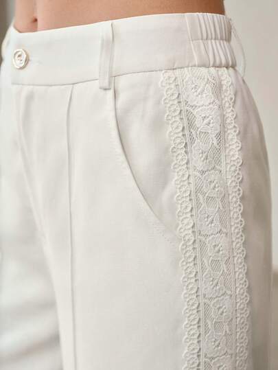 MOTF PREMIUM بنطلون نسائي ذو خصر عالي مطرز بالدانتيل واسع الساق، بنطلون مستقيم فضفاض مخسس، للربيع والصيف