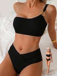 Swim Vcay 女士夏季新款纯色度假风单肩抹胸交叉前开比基尼套装 - 黑色 - 查看 1