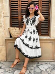 Tween Girl Spring/Summer Vacation Beachfront Retro Pattern Paisley Retro Pattern Bohemian Colorful Ruffled Waist Fitted Midi Dress Woven Dress - White - View 3
