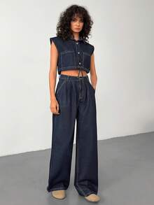 EURMUSE Woman Denim Smart Casual Set Crop Top Shirt And Pleated High Rise Wide Leg Jean Dark Blue Wash Button Front - Dark Wash - View 3