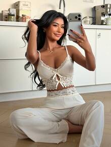 SHEIN 2pcs Women Sleepwear Set, Casual Lace Camisole And Pants Pajama Set With Bow Tie, Summer Nightwear - Apricot - View 4