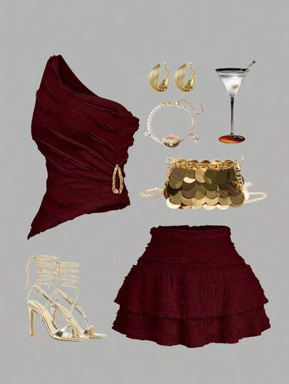 Sweetra 一套白色无袖露脐上衣（腰部有搭扣装饰）和白色短款百褶裙，简约风格