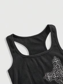 ROMWE Street Life Áo camisole bó sát in họa tiết chữ thập phong cách grunge đính đá. - Màu xám đen - Xem 4