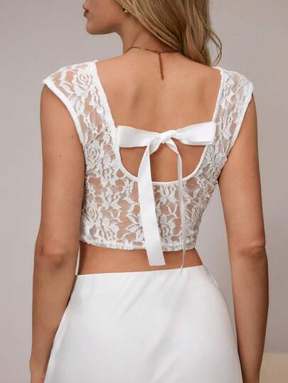 SHEIN Women's Floral Lace Backless Tie Sexy Sleeveless Nightwear Top