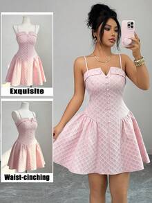 Elenzga Sleeveless Textured Plaid Button Puff Princess Dress, Waist Cinching Design, Elegant & Sweet, Romantic Vacation Sexy Mini A-Line Dress, Sleeveless, Pink - Baby Pink - View 4