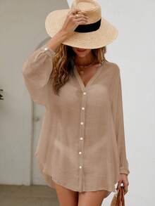 Swim Lushoire كيمونو أكمام طويلة بلون سادة، ملابس عادية للعطلات - كاكي - مشاهدة 6