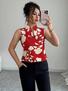 Elenzga V领印花半开襟无袖衬衫 - 紅色 - 查看 6