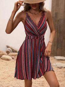 LanaWest Đầm hai dây in sọc, trang phục đi biển nghỉ mát cho nữ - Đỏ - Xem 5