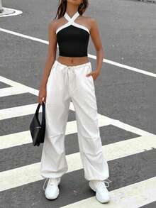 SHEIN EZwear Two Tone Crop Halter Top - Black and White - View 4